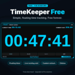 TimeKeeper Free floating timer for Windows showing a project timer at 00:47:41 with a live running cost of $18.00
